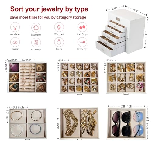 BOOVO Jewelry Box For women, 6 Layer Large Jewelry Organizer With Mirror, Multi-Function Storage Box With Lock, Necklace H...