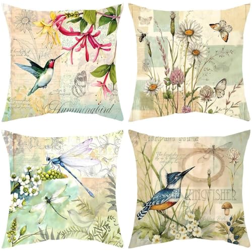 Hopomoon Throw Pillow Covers 18x18 Set of 4 Spring Summer Vintage Hummingbird Dragonfly Floral Rustic Garden Theme White L...