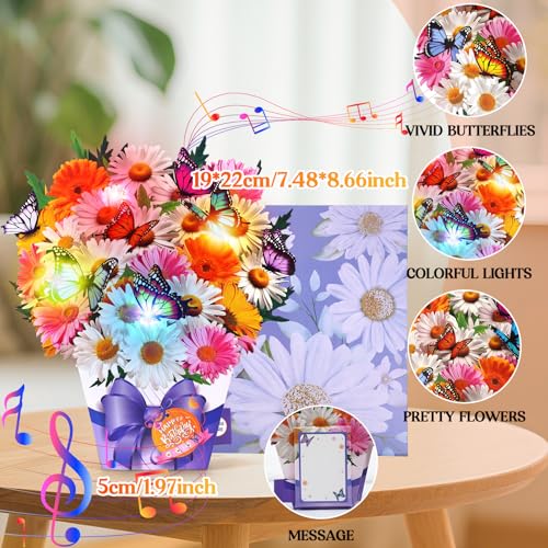 APOTODITO Birthday Cards, Butterfly & Daisy Birthday Card with Music and Light, Flower Bouquet 3D Card for Women Mom Wife