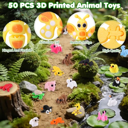 JOICEE 50 Pcs Mini 3D Printed Animal Figurines Set, Articulated Flexible Fidget Toys Cute Desk Pets Decor for Kids Party F...