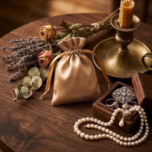 Knitial 50 Pack 3" x 4" Old Gold Satin Gift Bags with Drawstring, Mini Jewelry Pouches, Wedding Favor Bags for Baby Shower...