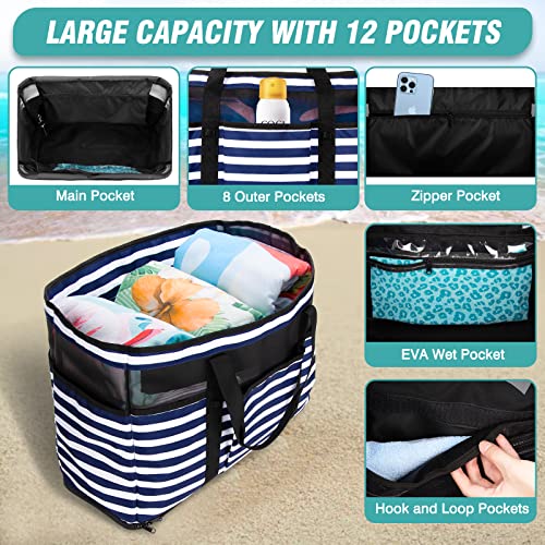 TEUEN Large Beach Bag with Zipper, 12 Pockets Waterproof Sandproof Pool Bag Womens Mesh Beach Tote Bag for Travel Vacation