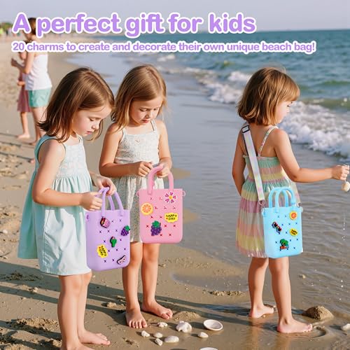 Silicone Small Rubber Beach Bag with 20 Charms, Hole Handbag With Adjustable Shoulder Strap, Girls and Woman