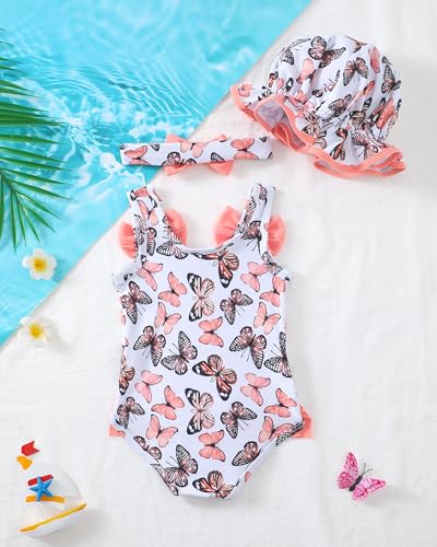 SODLON Baby Girl Swimsuit Infant One-Piece Bathing Suit Cute Summer Beach Tankini Bikini Ruffle Bow Toddler Swimwear with Hat
