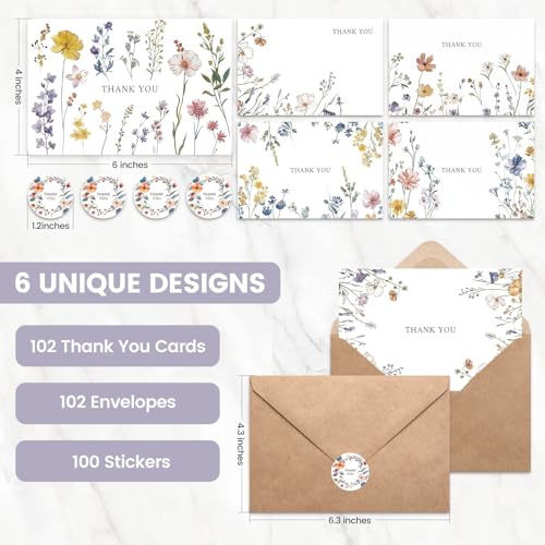 XXINMOH 102 PACK Floral Thank You Cards With Envelopes (4"x6") - Wildflower Blank Cards With Adhesive Envelopes & Matching...