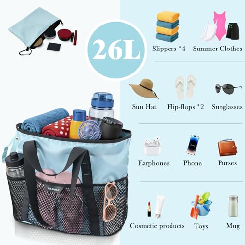 PASMAN Large Beach Bag with Zipper-8 Pockets Sandproof Beach Tote Bag for Women,Foldable Lightweight Family Swim Bag Vacation