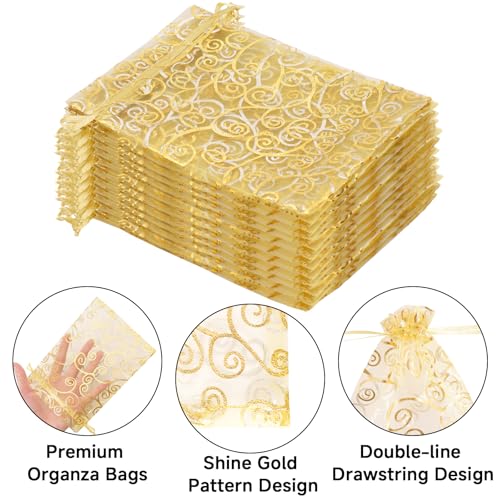 joycraft 50Pcs Organza Gift Bags - 5x7 In Gold Mesh Gift Drawstring Bags, Organza Party Favor Pouch for Valentine's Day, W...