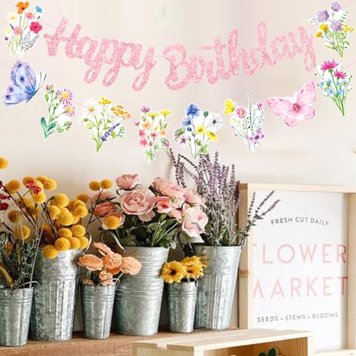 Wildflowers Happy Birthday Banners 3Pcs Pink Butterfly Theme Party Decorations for Women Girl Spring Birthday Baby Shower ...