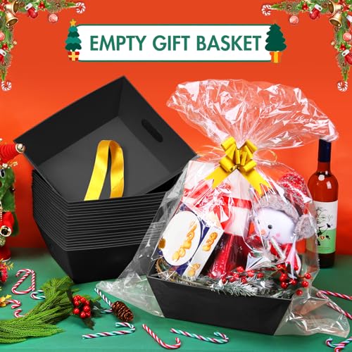 AFOROEOA 10PACK Black Baskets For Gifts Empty, 10x12”Thick Kraft Gift Basket with 10 Bows 10 Bags Empty Gift Baskets for C...