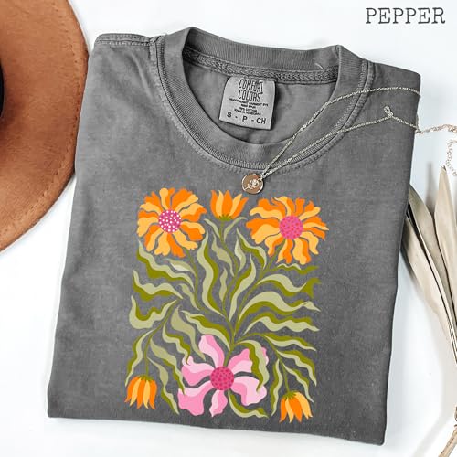 Retro 70s Floral Design - Womens Comfort Colors - Pepper Grey Groovy Botanical Wildflower Graphic Tee