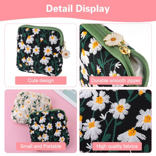 TIESOME Daisies Sanitary Napkin Storage Bag, 2 Pcs Embroidery Menstrual Cup Pouch Cotton Soft Period Holder Bag Portable T...