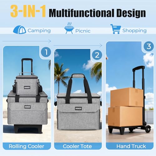 INSMEER Rolling Coolers with Mini Lunch Bag, 50 Cans Collapsible Hard Liner Cooler with Wheels, 2-in-1 Portable Trolley Ca...