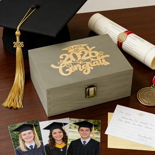 REMEIT Graduation Keepsake Box - Engraved Class of 2026 Wood Memory Box Congrats Grad Gift for Him Her, Perfect for Storin...