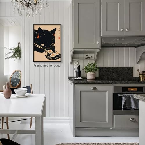 Heltrappe Japanese Cute Black Cat Animal Canvas Poster Delicious Food Sushi Wall Art Vintage Unique Aesthetic Prints for K...