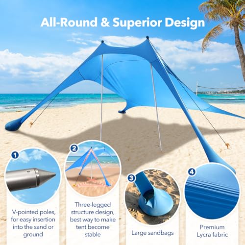 Beach Shade Canopy with Beach Blanket Phone Case Sun Shelter Umbrella UPF50+ Protection Portable 7.5X7.5Ft Camping Tents f...
