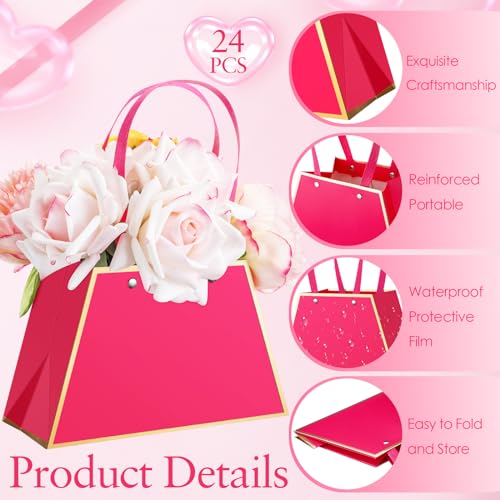 Noveread 24 Pcs Mother's Day Floral Gift Bags Bulk Portable Flower Bouquet Wrapping Paper Bag with Handle Waterproof Flori...