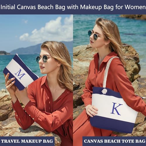 YOOLIFE Beach Bags for Women - Initial Canvas Waterproof Beach Tote Bag, Mothers Day Gifts for Women Mom Wife Friend