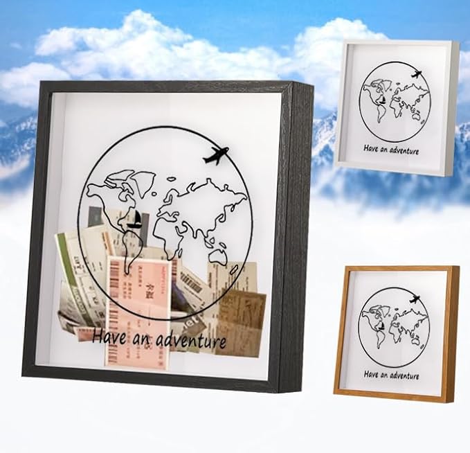 Travel Adventure Archive Shadow Box for Memories, 12x12in Memory Box with Slot on Top for Travel Ticket Stub, Top Loading ...