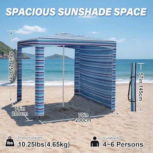 Beach Cabana-6.6x6.6’Beach Canopy with Side Wall,Portable Umbrella Tent with Sand Pockets for Family & Friends,Easy Up Bea...