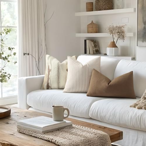 YCOLL Farmhouse Pillow Covers 20x20, Modern Accent Square Throw Pillow Covers Set of 2, Khaki and Beige Striped Patchwork ...