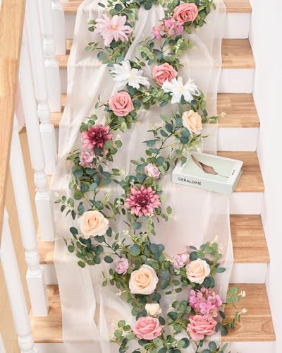 Waipfaru Flower Garland Decorations, 6.07Ft Pink Floral Rose Garland, Artificial Eucalyptus Greenery Vines with Flowers fo...