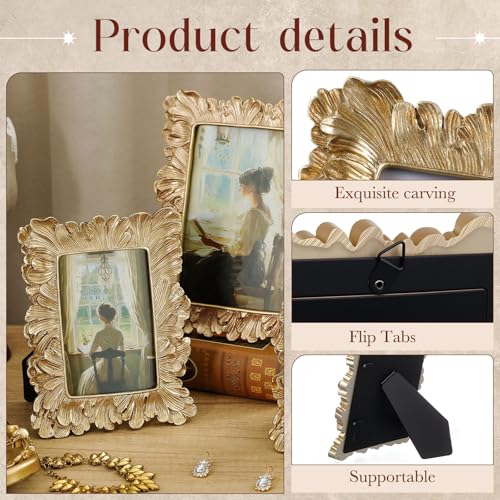 Wonderjune 3 Pcs Vintage Picture Frames Antique Set Baroque Ornate Gold Arched Photo Frames with Glass, Tabletop or Wall f...
