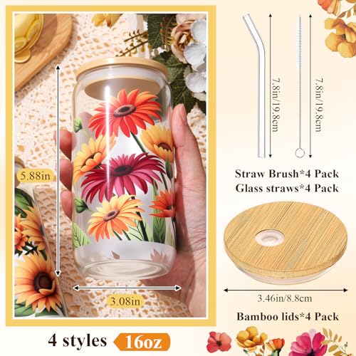 Mumufy 4 Pack Oil Flower Themed Gifts for Women Cute Glass Cup Tumbler Flower Iced Coffee Mugs 16 oz Glass with Bamboo Lid...