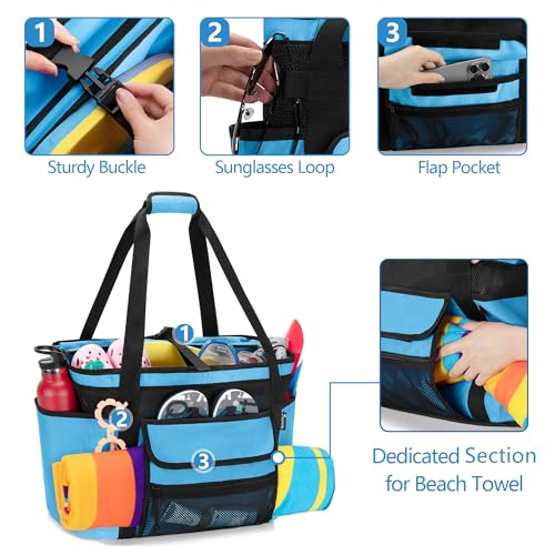 Fasrom XL Beach Tote Bag with Cooler Compartment, Large Mesh Beach Pool Bag with Wet & Dry Separation for Swim, Travel