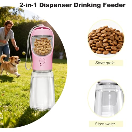 Portable Dog Water Bottle with Food Container, BPA Free Travel Water Bottle for Dogs, 2-in-1 Dispenser Drinking Feeder for...