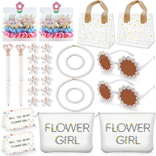 28Pcs Flower Girl Proposal Gift Set - 2 Bags Including Round Flower Sunglasses, Canvas Bag, Pearl Necklace, Bracelet, Hair...