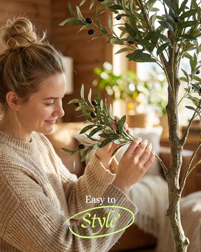 KOL 6ft Artificial Olive Tree Indoor, Tall Faux Olive Trees, Fake Olive Tree Floor Plant for Home Office Living Room Decor...