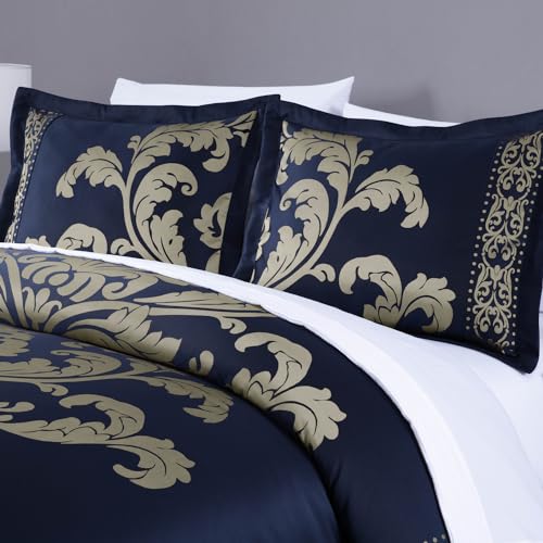 Chezmoi Collection Valor 7-Piece California King Bed in a Bag, Navy/Gold Luxury Jacquard Floral Comforter with Sheets Set ...