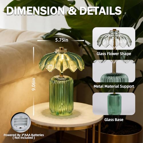 MJ PREMIER Cordless Lamp, Battery Operated Lamp with Timer, Crystal Glass Flower Lampshade, Small Table Lamps, Decorative ...
