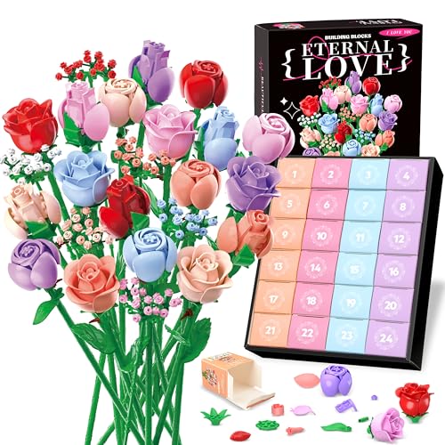 Sopu Colorful Rose Bouquet Flowers Building Set, 24 Boxes 1380Pcs Artificial Flowers Botanical Collection Flowers for Adul...
