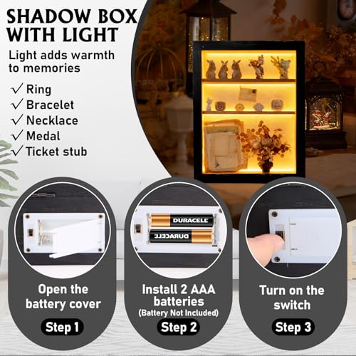 Shadow Box 14x11 Black Picture Frames Display Cases with LED Light,Memory Keepsakes Boxes with 4 Removable Trinket Shelf,f...
