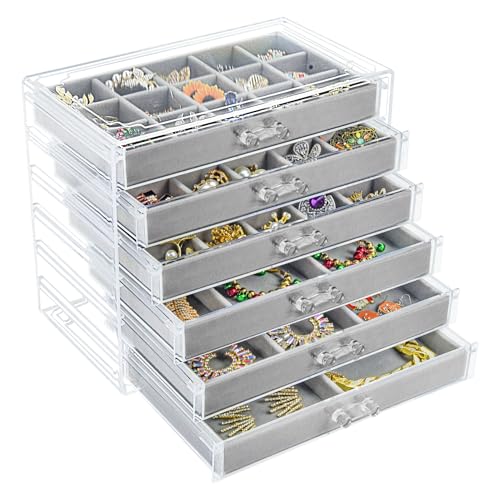 Watpot Acrylic Jewelry Box with 6 Drawers, Clear Earring Storage Organizer Display Case for Women Girls, Gray