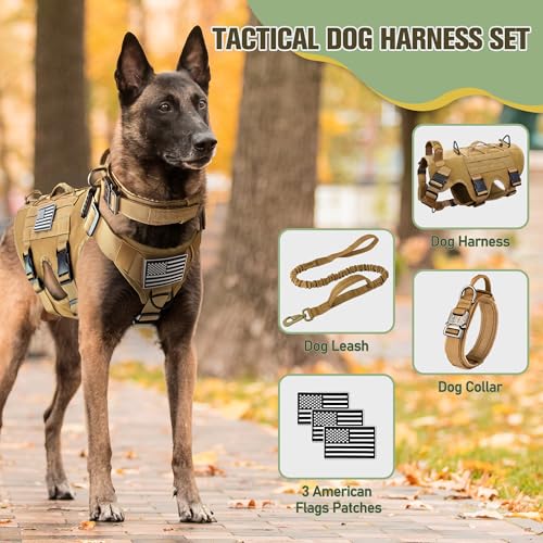 JOYFLARE Tactical Dog Harness for Large Dog, Dog Collar and Bungee Leash Set No-Pull Military Dog Harness - Walking Traini...