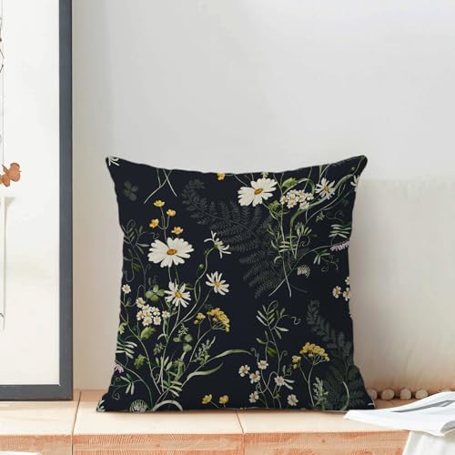 GOLIANDA Black Pillow Covers 18x18 Inch Set of 2 Sage Green Spring Floral Throw Pillows Botanical Wildflower Summer Outdoo...