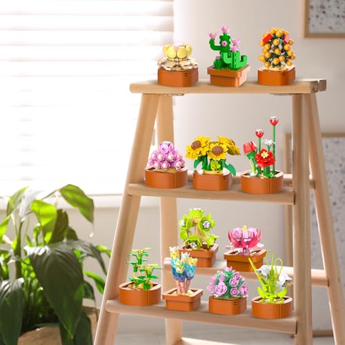 CUBIMANA 12 Pack Flowers Succulents Mini Building Set - Gifts for Mothers Day, Flower Botanical Collection for Home Office...