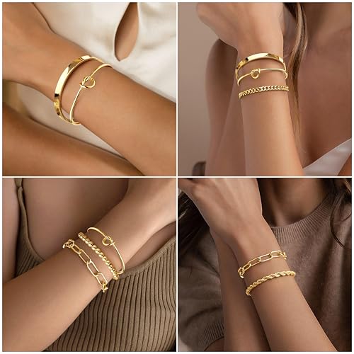 Gokeey Gold Bracelets Set for Women Non Tarnish, Waterproof 14K Gold Plated Sterling Silver Chunky Cuff Bracelet Stackable...