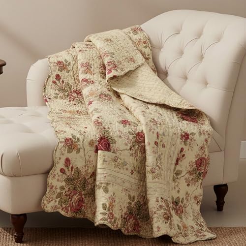Greenland Home Fashions Antique Rose - Classic Traditional Floral - 100% Cotton Quilted Throw Blanket, 50 x 60 inches, Ecru