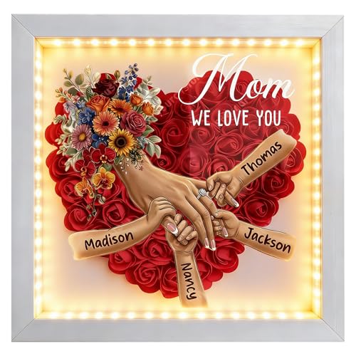 Custom Mom Flower Shadow Box with Kids Names, Mommy Holding Hands Flower Frame, Personalized Gifts for Mom from Daughter S...