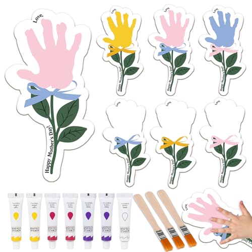 Yousoontic 24 Sets Mother's Day Handprint Kit Unfinished Wooden Flower with Acrylic Paints & Brushes DIY Handmade Gifts fr...