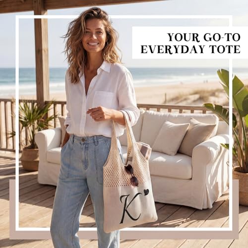 Shinylin Personalized Crochet Tote Bag for Beach Women Beige Mesh Knit Shoulder Bag Boho Aesthetic Tote for Women