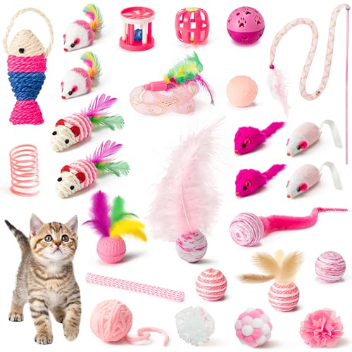 MALLMALL6 Cat Toy Set Interactive Cat Toys 27Pcs Pack Stuff Pink Feather Teaser Wand Springs Mice Sisal Fish Crinkle Balls...