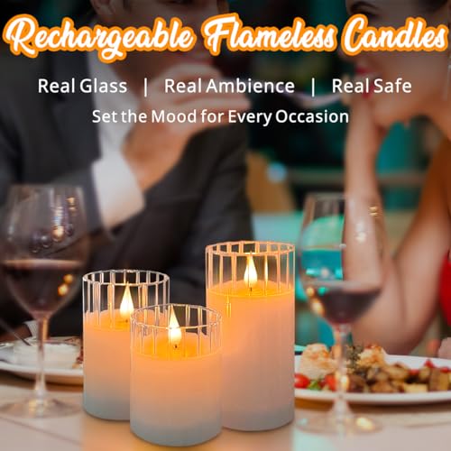 LEDHOLYT Rechargeable Flameless Glass Pillar Candles – Remote & Timer – Set of 3 White Stripes Realistic Flickering LED Li...