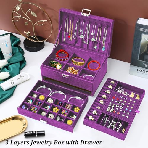 QBestry 3-Layer Jewelry Box for Women with Lock and Key & Drawer, Large Jewelry Organizer with 8 Necklace Hooks & 56 Earri...
