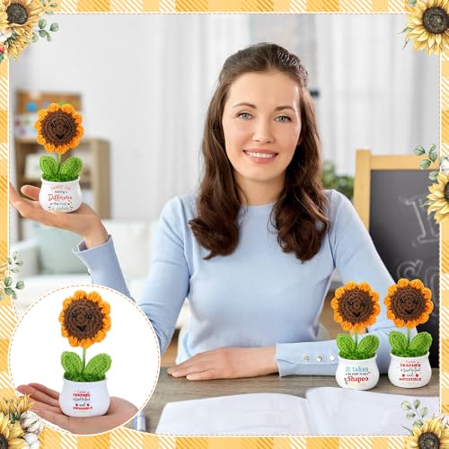 6 Pcs Teacher's Day Gift Bulk Teacher Appreciation Gift for Women Thank You Crochet Sunflower with Sticker Retirement Grad...