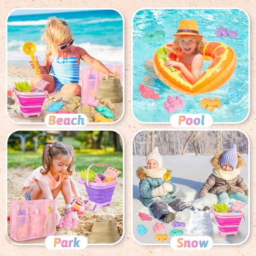 CatchCute Unicorn Collapsible Beach Toys,14 PCS Sand Toys Set with Animal Foldable Buckets,Shovels,Sifter,Sand Molds,Castl...