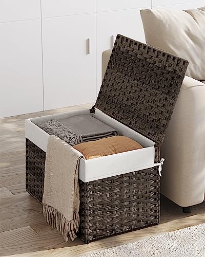 SONGMICS Storage Basket with Lid, Woven Blanket Storage Bin with Handles, Foldable, Removable Liner, Metal Frame, for Bedr...
